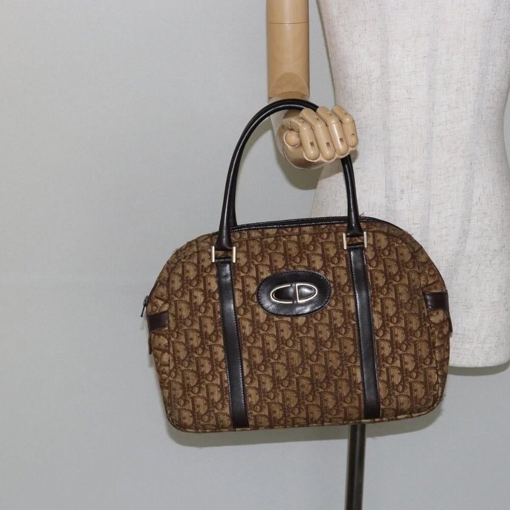 Christian Dior Trotter Canvas Hand Bag Brown Gold Auth